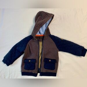 Mayoral Plaid Hooded Jacket with Navy Sleeves